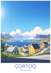 Fototapeta premium Çortoq Greenland Travel Poster Flat Illustration Print Decor Gift Canvas Wall Art Gift