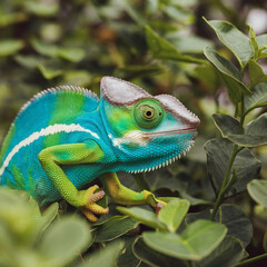 Obraz premium Macro shot of a colorful chameleon blending with its surroundings