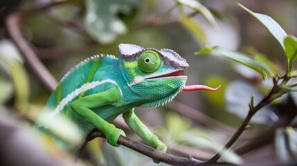Obraz premium Macro shot of a colorful chameleon blending with its surroundings