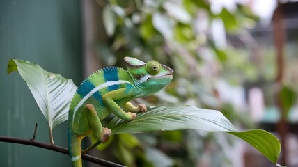 Macro shot of a colorful chameleon blending with its surroundings