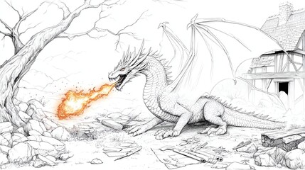 Obraz premium Illustration of a mythical dragon breathing fire in a whimsical fantasy village setting.