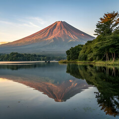 A majestic volcanic mountain bathed in morning light, beautifully reflected in the calm waters of a serene lake, creating a tranquil scene