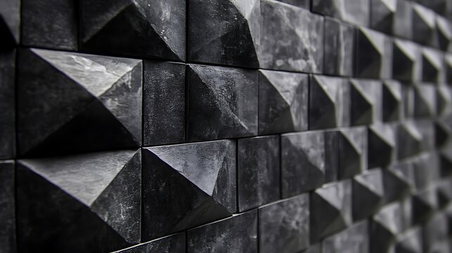 A modern semigloss triangular tile design with bold 3D black blocks creating visual depth