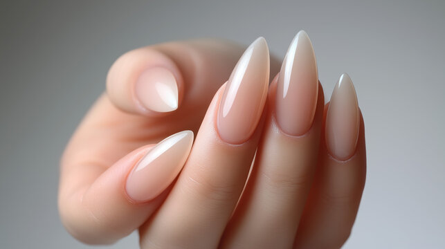 Studio shot of ultra-realistic female hand with focus on nails, white background, high-resolution detail.