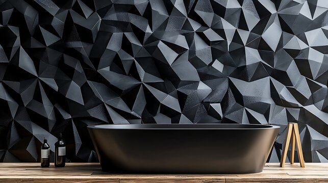 A futuristic triangular tile wallpaper with 3D black blocks forming intricate designs