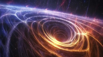 Dynamic neon fractal waves converging into a cosmic vortex in space