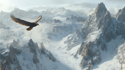 Majestic Eagle Soaring Over Snowy Mountain Peaks