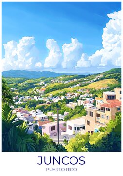 Juncos Puerto rico Travel Poster Flat Illustration Print Decor Gift Canvas Wall Art Gift