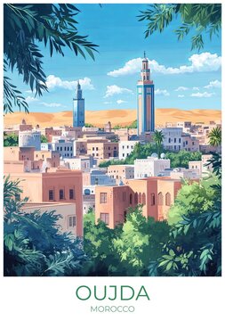 Oujda Morocco Travel Poster Flat Illustration Print Decor Gift Canvas Wall Art Gift