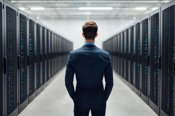 A professional in a suit stands in a server room, surrounded by rows of servers, symbolizing technology and data management.