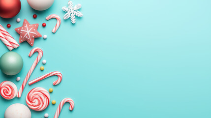 Colorful Christmas decorations and candies on turquoise background
