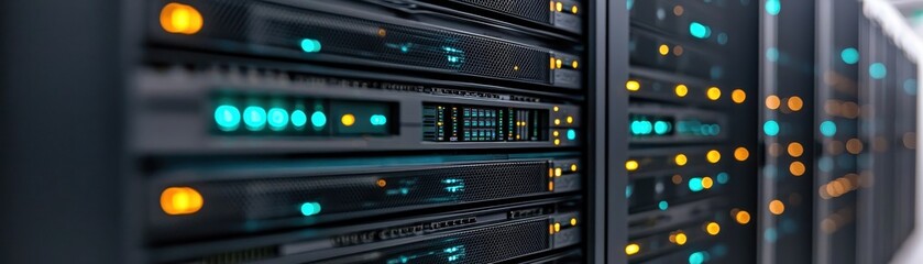 Fototapeta premium A close-up view of server racks showcasing illuminated indicators, representing modern data storage and processing technology in a data center.