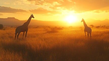 African Sunset: Giraffes Silhouetted Against the Golden Horizon