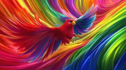 Obraz premium Colorful parrot in flight amidst vibrant, swirling paint strokes.