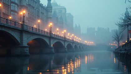 Snowy Bridge Over River with City Lights