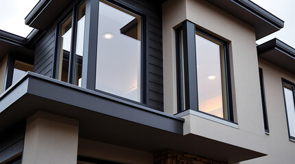 Modern House Exterior with Large Windows and Beige Stucco