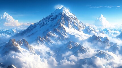Naklejka premium Majestically Rising Snow-Capped Peaks: A Stunning Digital Painting in a Breathtaking High-Altitude Landscape. AI Generated