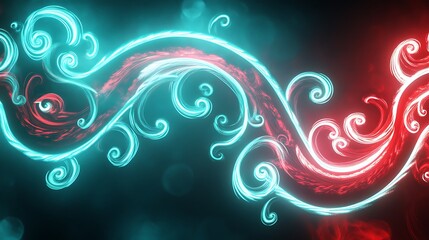Abstract swirling neon teal and red patterns