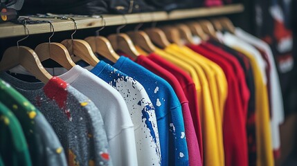 Fototapeta premium Colorful Clothing on Display: Trendy Apparel and Fashion Styles