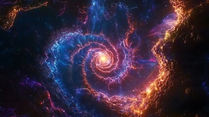 Mesmerizing fractal spirals glowing with neon light in an interstellar setting