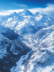 Majestic Winter Mountain Range Photo: Breathtaking Aerial View of Snow-Covered Peaks. AI Generated