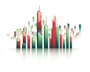 Obraz premium Abstract city skyline with colorful skyscrapers in green and red hues.