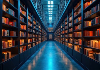 Elegant library interior with rows of books and vibrant blue lighting on display