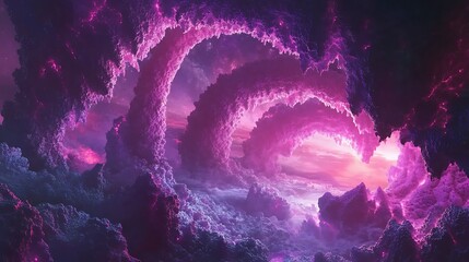 Radiant neon fractals forming endless loops under a cosmic backdrop