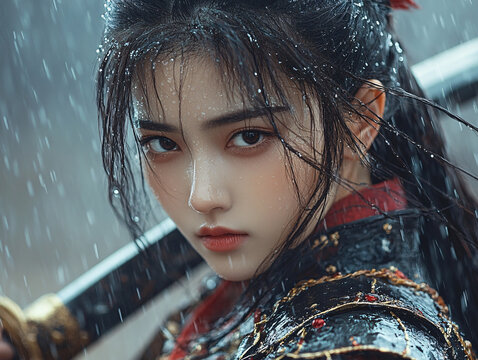 a stunning Chinese female warrior holding a sword with intricate designs, dressed in a wet, traditional-style outfit, standing in the rain.