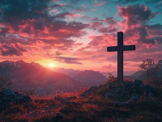 Christian cross on a background with dramatic lighting, colorful mountain sunset
