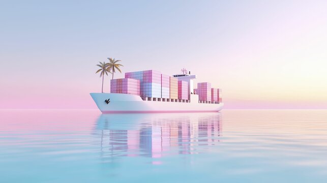 cargo management transportation coordination Colorful cargo ship on calm waters with a palm tree.