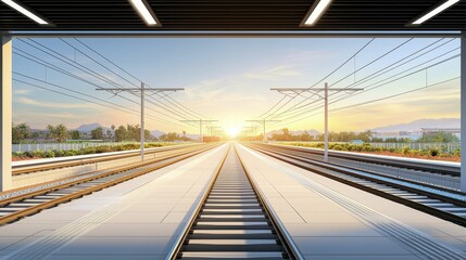 cargo management transportation coordination Train tracks leading into a bright sunset horizon.