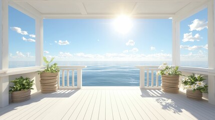 cargo management transportation coordination Serene coastal view from a bright, sunlit porch.