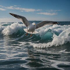 Naklejka premium Snap a seagull gliding gracefully over ocean waves.