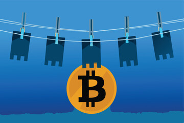 An illustration depicting the use of Bitcoin and other cryptocurrencies in money laundering schemes.
