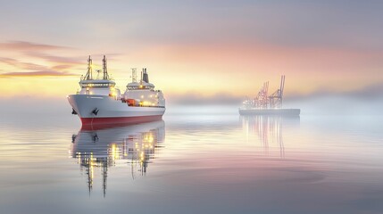 Fototapeta premium cargo management transportation coordination Serene ships navigating calm waters at sunrise.