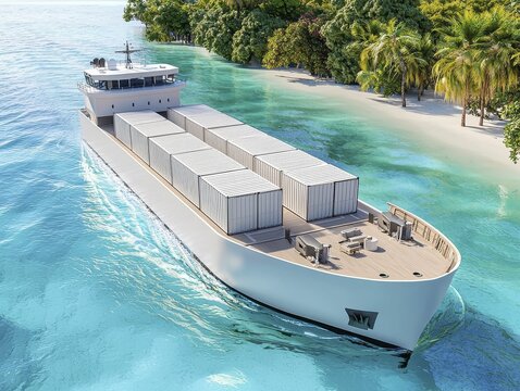 cargo management transportation coordination Cargo ship navigating tropical waters near a sandy shore
