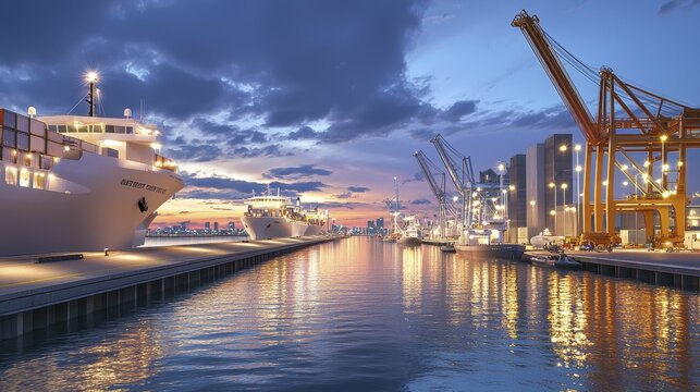 cargo management transportation coordination Harbor at sunset with ships and cranes in the background.