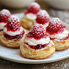 Raspberry cream pastries with powdered sugar on a wooden table.