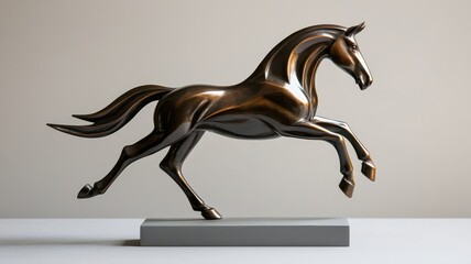 A sleek bronze sculpture of a galloping horse, capturing elegance and motion, set against a minimalist backdrop.