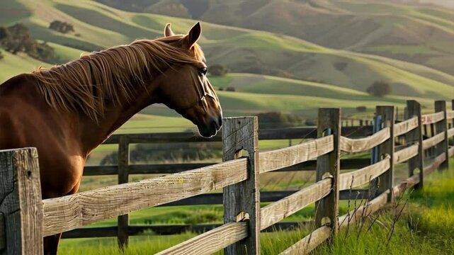 Brown horse near wooden fence in lush green pasture, surrounded by rolling hills, captures serene beauty of nature and rural landscapes, showcasing grace of this magnificent animal.