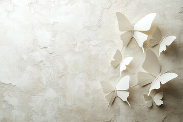 A minimalistic composition of white paper butterflies gently resting on a textured, neutral toned backdrop.