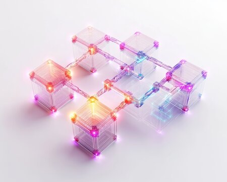 Abstract design with illuminated cubes connected by glowing structures.