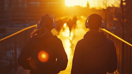Naklejka premium Sunset workout on the bridge for a couple, both with headphones on their heads, moving through the golden light of the evening.