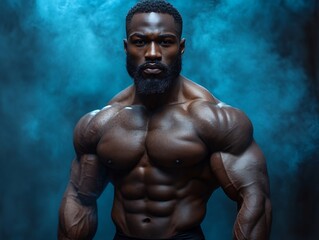 Powerful Bodybuilder Posing Intensely, Close-up Photo Against a Smoky Blue Background. AI Generated