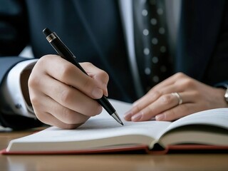 business man hands writing in blank notebook new year's plan over wooden table,business and plan concept