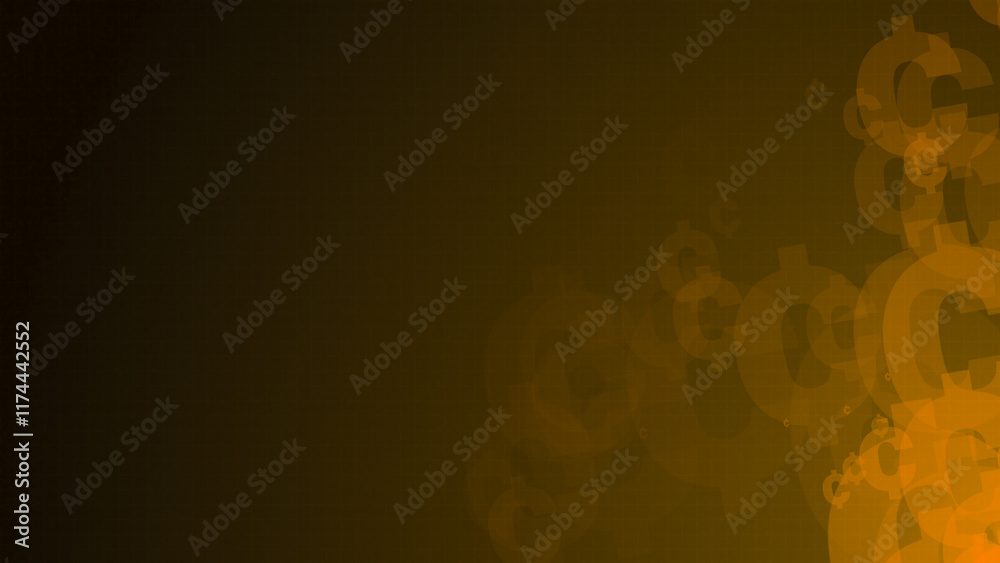 Poster yellow cent symbol shapes are moving from the bottom right of a gradient grid abstract background, h