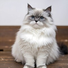 Fluffy Ragdoll Cat Sitting on Wooden Floor - Pet Portrait .