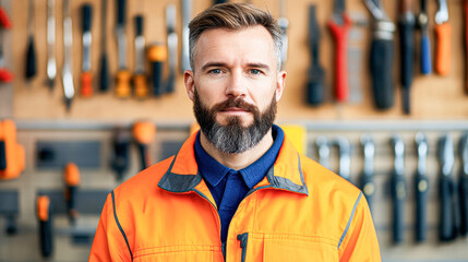 Fototapeta premium A man with a beard and a blue shirt stands in front of a wall of tools