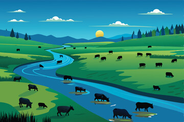 A serene landscape showcasing a herd of cattle peacefully grazing on a vast green pasture, with a gentle stream flowing through the scene.